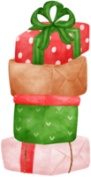 Cute stack of vibrant Christmas present papercraft box watercolor cartoon hand drawing png