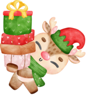 Cute joyfull christmas reindeer holding stack gift boxes cartoon watercolor png