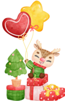 Cute joyfull christmas reindeer on stack gift boxes cartoon watercolor png