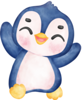 Adorable watercolor baby penguin with a joyful expression and happy pose, vibrant nursery children illustration hand painting png