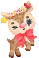 carino e amichevole renna Natale con decorazione su corna cartone animato personaggio acquerello mano pittura png