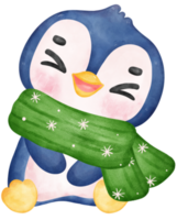 Cute happy joyful Christmas penguin in cozy sweater and scarf cartoon character watercolor hand drawing png