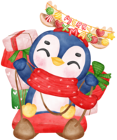 Cute happy joyful Christmas penguin on sled cartoon character watercolor hand drawing png