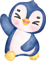 Adorable watercolor baby excited penguin with a joyful expression and happy pose, vibrant nursery children illustration hand painting png