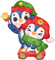Cute happy joyful Christmas penguin and friend on sled cartoon character watercolor hand drawing png