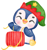 Cute adorable baby joyful penguin wrapping christmas present gift box cartoon character watercolor hand drawing png