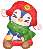 Cute happy joyful Christmas penguin on sled cartoon character watercolor hand drawing png