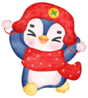 Cute happy joyful Christmas penguin in cozy sweater and scarf cartoon character watercolor hand drawing png