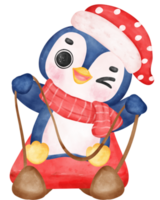 linda contento alegre Navidad pingüino en trineo dibujos animados personaje acuarela mano dibujo png