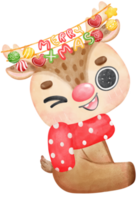 fofa e amigáveis rena Natal com decoração em galhadas desenho animado personagem aguarela mão pintura png