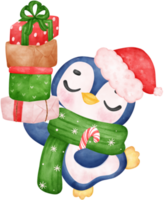 Cute adorable baby joyful penguin holding stack of christmas present gift boxes cartoon character watercolor hand drawing png