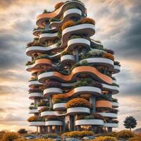 Landscape of a sci-fi futuristic vertical-garden-village residential building in nature, surrounded by lush autumn-colored vegetation, at sunset on a cloudy day - Illustration photo