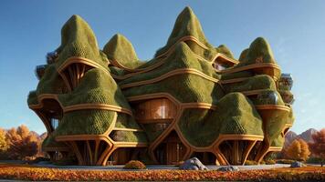 The Hive - Sci-fi futuristic brutalist architecture style building structure with hexagonal-pattern and lush vegetation facade, in nature, during an autumn day - Illustration photo