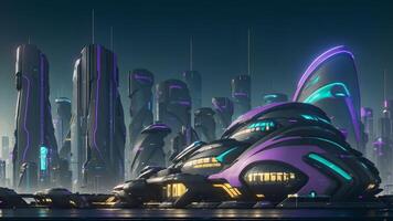 Illustration of a sci-fi futuristic cyberpunk house in the city at night - photo