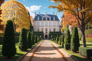 ilustración de un Renacimiento arquitectura estilo francés castillo en un francés jardín en un hermosa otoño día - generativo ai foto