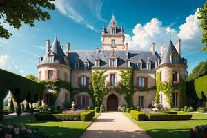 ilustración de un Renacimiento arquitectura estilo francés castillo en un francés jardín en un hermosa verano día - generativo ai foto