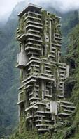 Landscape of an abandoned brutalist building structure built on mountainous rainforest terrain - Illustration photo