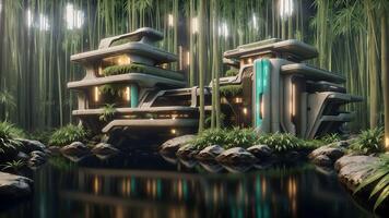 Illustration of a sci-fi futuristic cyberpunk house in the jungle by the swamp - photo