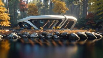 Illustration of a sci-fi futuristic cyberpunk house in the maple forest by the river - photo
