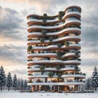 Landscape of a sci-fi futuristic vertical-garden-village residential building in nature, surrounded by lush snowy evergreen vegetation, at sunrise on a cloudy winter day - Illustration photo