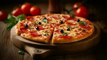 picture of pizza on a wooden table photo