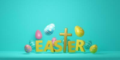 Pascua de Resurrección huevos y podio en pastel antecedentes 3d representación. foto