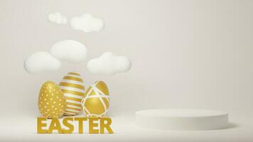 Happy easter product display stand. Easter podium on gold background 3D rendering. photo