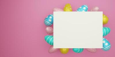 Happy easter product display stand. Easter podium on pastel pink background 3D rendering. photo