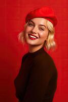 retrato un hermosa mujer vistiendo rojo boina ai generativo foto