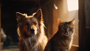 linda Doméstico animales sentado juntos, mirando a cámara generado por ai foto