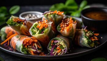 Fresh spring roll appetizer plate with healthy rolled up vegetables generated by AI photo