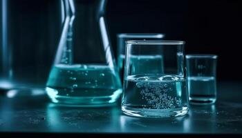 Transparent glass beaker pouring purified water for scientific experiment generated by AI photo