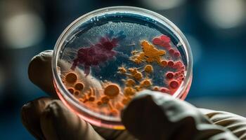científico analizando colonia crecimiento en agar jalea en petri plato generado por ai foto