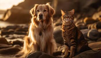 Golden retriever and kitten enjoy summer sunset generated by AI photo