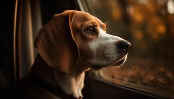 Cute beagle puppy sitting outdoors, looking at camera generated by AI photo