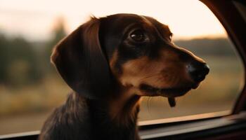 linda perrito sentado en auto, disfrutando viaje generado por ai foto