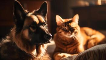 Cute domestic animals sitting on comfortable sofa generated by AI photo