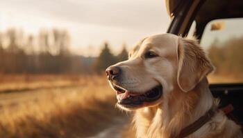 dorado perdiguero perrito sentado al aire libre, mirando linda generado por ai foto