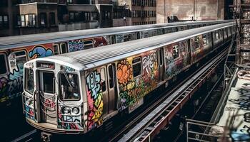 Rush hour traffic blurs past subway platform generated by AI photo