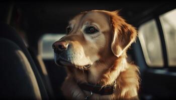 Cute puppy sitting in car, looking outdoors generated by AI photo