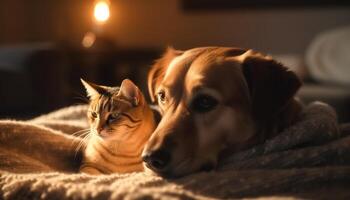 linda perrito y gatito descansando en sofá juntos generado por ai foto