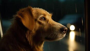 Golden retriever puppy looking at wet reflection generated by AI photo