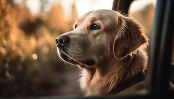 Cute golden retriever puppy sitting outdoors in nature generated by AI photo