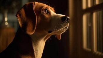 Cute beagle puppy looking up with sad eyes generated by AI photo