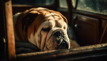 linda de pura raza buldog perrito sentado adentro mirando triste generado por ai foto