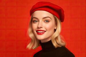 Portrait a beautiful woman wearing red beret photo