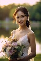 Portrait a beautiful asian bride with flower bouquet photo