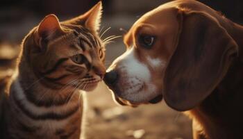 Cute puppy and kitten playing in nature generated by AI photo