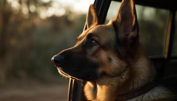 Purebred German Shepherd puppy sitting in sunlight generated by AI photo