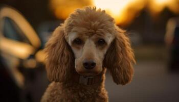 linda perrito sentado al aire libre, mirando a cámara generado por ai foto